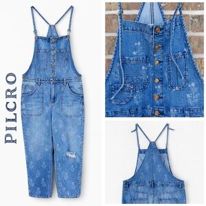 Pilcro Anthropologie Denim Overalls 16W Floral Print Cropped Distressed Boho